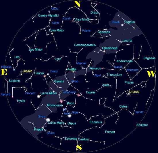A star chart of Lake County Skies for Thursday, January 15, 2015, 9 p.m. constellation names are printed in white, bright stars in blue, and the planets/moon in yellow. Courtesy image. 011515starchart