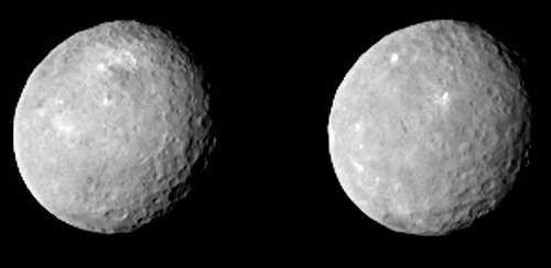 These two views of Ceres were acquired by NASA's Dawn spacecraft on Feb. 12, 2015, from a distance of about 52,000 miles as the dwarf planet rotated. The images have been magnified from their original size. Image Credit: NASA/JPL-Caltech/UCLA/MPS/DLR/IDA. 030115dwarfplanetceres