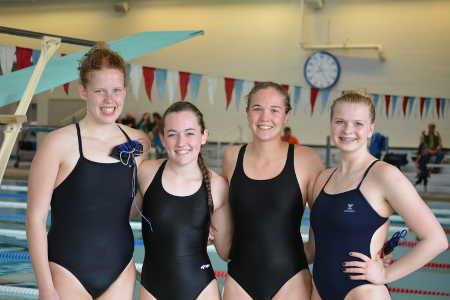 The winning 200 yard Medley Relay Team at the Coastal Mountain Conference in Fort Bragg, Calif., on Thursday, March 12, 2015, included, from left to right, Nikki Hanson, Kaylie Williams, Liz Fricker and Lauren Rudnick. Photo by Beth Rudnick. 031215swimwinners