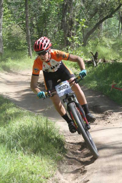 Jadon Lindsey in the midst of a curve in the trail at the Granite Bay Grinder in Granite Bay, Calif., on Saturday, March 14, 2015. Photo by Tami Cramer. 031415mtnbikelindsay