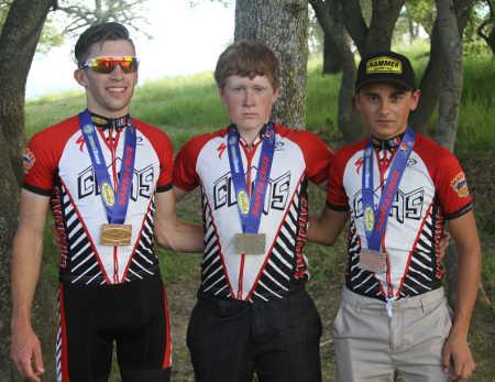 From left, Nate Barnett, Jeffrey Morton and Solano Dominguez with third-, fourth- and fifth-place medals, respectively, that they won at the Granite Bay Grinder in Granite Bay, Calif., on Saturday, March 14, 2015. Photo by Tami Cramer. 032115mtnbikewinners