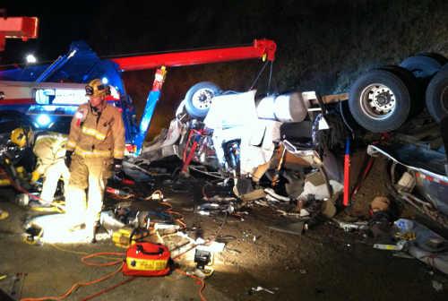 It took two hours to extra a driver from his overturned semi truck on Highway 20 near Lucerne, Calif., on Saturday, March 28, 2015. Photo courtesy of Pat Brown. 032815semicrash3new