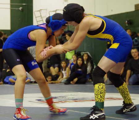 Mavis Pyorre (right) sets up her takedown of the No. 6 seed in the California Girls Middle School State Wrestling Championships on Saturday, April 4, 2015, in Napa, Calif. Photo courtesy of Rick Pyorre. 040415pyorrewrestling