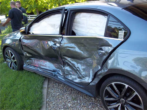 Another view of the vehicle driven by Scott Thomas Imrie, 39, of Hidden Valley Lake, Calif., that was damaged in a crash in Lakeport, Calif., on Saturday, May 9, 2015. Photo courtesy of the Lakeport Police Department. 050915imrieduicrash2