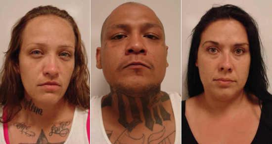 From left, Leanne Lynne Perez, 33, of Santa Rosa, Calif.; her husband, Johnny Ramon Perez, 28, of Clearlake, Calif.; and Cristina Marie Pacheco, 35, of Clearlake, Calif., were arrested on Sunday, June 28, 2015, on numerous charges for a robbery that occurred at the Walmart in Clearlake, Calif. A fourth subject, Justin Lyn Carey, also was arrested at the scene but released and not booked. Lake County Jail photos. 062815walmartrobbers