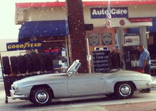 Paul Merrill, 87, of Belmont, Calif., and his classic 1956 Mercedes 190SL convertible at a Belmont gas station on Wednesday, September 3, 2014. Courtesy photo. 090414merrillcar