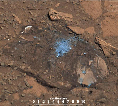 The “Bonanza King” rock on Mars, pictured here, was tapped by the drill belonging to NASA's Mars rover Curiosity. Credit: NASA/JPL-Caltech/MSSS 091114marsbonanzarock