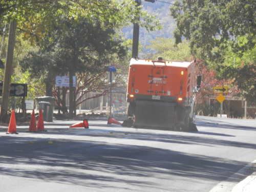 Once Chrisp Co. completes the bike/pedestrian lane conversion project in the city of Clearlake, Calif., it will move on to a citywide restriping project. Photo by Denise Rockenstein/Lake County News. 100214drroadwork2