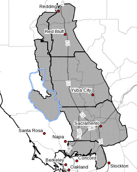 Portions of Northern California are under a fire weather watch from Saturday, October 11, 2014, through Monday, October 13, 2014. Lake County is outlined in blue. National Weather Service image. 101014weatheralert