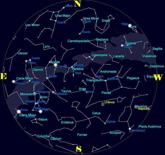 A star chart of Lake County, Calif., skies for Monday, December 15, 2014, at 9 p.m. Constellation names are printed in white, bright stars in blue, and the planets/moon in yellow. Courtesy photo. 121514starchart