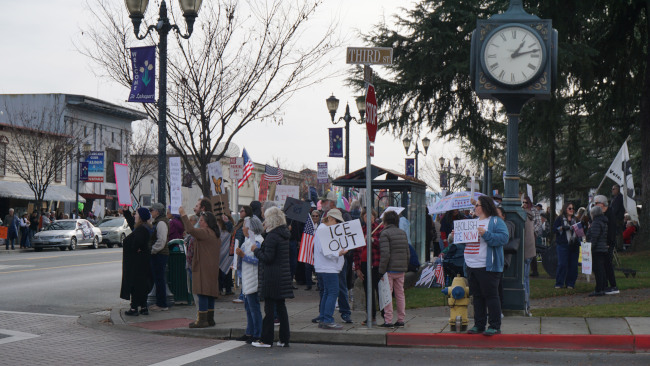 Protesters gather at Museum Square in downtown Lakeport, California, on Saturday, Jan. 31, 2026. Photo by Elizabeth Larson/Lake County</p>...</div><a class= 013126protestgroup