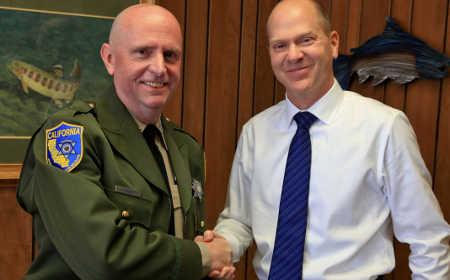 David Bess, left – pictured here with California Department of Fish and Wildlife Director Charlton Bonham – has been named the new chief of the California Department of Fish and Wildlife's Law Enforcement Division. Photo courtesy of the California Department of Fish and Wildlife. cdfwbesschief