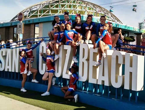 Lake County Diamonds All-Star Cheerleading senior level 2 championship team members at a competition in Santa Cruz, Calif., included Riley Brothers, Ruby Griffin, Linda Ralosky, Carly Gambill, Pailey Shook, Shaianne Sims, Megan Franco, Kaitlyn Alire, Mya Bullard, Madeline Hoskins, Adrianna Landa, Danita Shook, Jiana Jaehn, Makaili Brown and Mia Vandergriff. Photo courtesy of Danita Shook. cheerleaderssantacruz