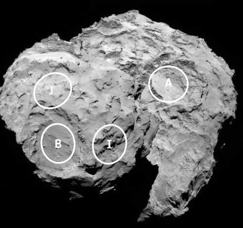 This annotated image depicts four of the five potential landing sites for Rosetta's Philae lander. Image credit: ESA/Rosetta/MPS for OSIRIS Team MPS/UPD/LAM/IAA/SSO/INTA/UPM. cometlandingspots