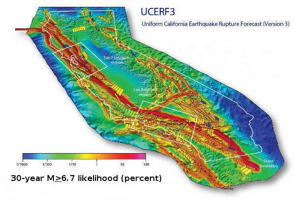 Three-dimensional perspective view of the likelihood that each region of California will experience a magnitude 6.7 or larger earthquake in the next 30 years (6.7 matches the magnitude of the 1994 Northridge earthquake, and 30 years is the typical duration of a homeowner mortgage). Faults are shown by the rectangles outlined in black. The entire colored area represents greater California. Results do not include earthquakes on the Cascadia Subduction Zone, a 750-mile offshore fault that extends about 150 miles into California from Oregon and Washington to the norther. The quakes running along either side of Lake County show a 5- to 10-percent probably. Image courtesy of the US Geological Survey. earthquakeucerf3