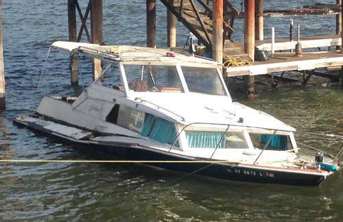 The “Casa-Nova” as it was sinking in Clear Lake near Lakeport, Calif., in early February 2015. Photo courtesy of Ulysses Mckeown. feb2015casanovasinking