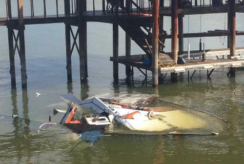 The sunken “Casa-Nova” near Lakeport, Calif., in early February 2015, several days before it was removed. Photo courtesy of Ulysses Mckeown. feb2015casanovasunk