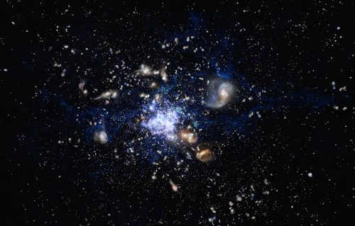 This artist's impression depicts the formation of a galaxy cluster in the early universe. The galaxies are vigorously forming new stars and interacting with each other. Such a scene closely resembles the Spiderweb Galaxy (formally known as MRC 1138-262) and its surroundings, which is one of the best-studied protoclusters. Photo credit: ESO/M. Kornmesser. galacticmetropolis