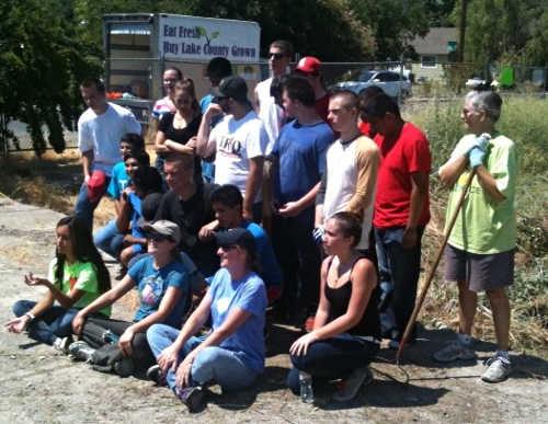 North Coast Opportunities and Upper Lake High School students who are members of Upward Bound removed invasive blackberries and weeds from the garden plot during July 2014. Photo courtesy of Bernie Butcher. july2014ulgardenkids