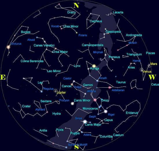 A star chart of Lake County, Calif., skies for 9 p.m. Sunday, March 15, 2015. Constellation names are printed in white, bright stars in blue, and the planets/moon in yellow. Courtesy image. march2015starchart