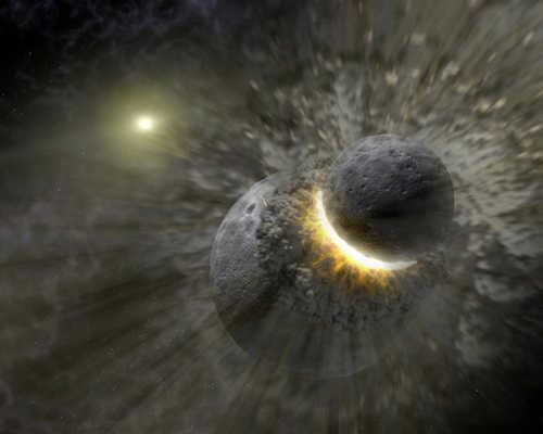 The inner Solar System’s biggest known collision was the Moon-forming giant impact between a large protoplanet and the proto-Earth. Kilometer-sized fragments from this impact hit main belt asteroids at much higher velocities than typical main belt collisions, heating the surface and leaving behind a permanent record of the impact event. Artist's concept courtesy of NASA's Solar System Exploration Research Virtual Institute. moonformingimpact