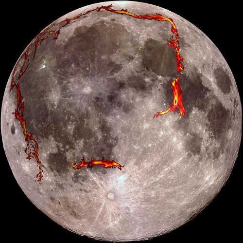 The full moon as seen from Earth. Gravitational anomalies surround the Procellarum region are superimposed in red. New research suggests these anomalies were once the source of a massive lava flow on the moon. Credit: Kopernik Observatory/NASA/Colorado School of Mines/MIT/JPL/Goddard Space Flight Center. moongravityanomalies