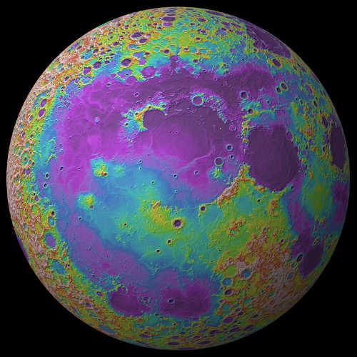 A topographic map of the moon (low elevations in purple, high in red) shows extensive lava flows in Oceanus Procellarum. New data from the GRAIL spacecraft suggests the region was formed by ancient volcanic activity, not by a large impact as had long been suspected. The image was rendered by Jay Dickson from Brown University with data from NASA's Lunar Reconnaissance Orbiter and Lunar Orbiting Laster Altimeter. moonstorms