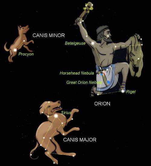 Orion and his hunting dogs. Image courtesy Nightshade astronomy software. orionhuntingdogs