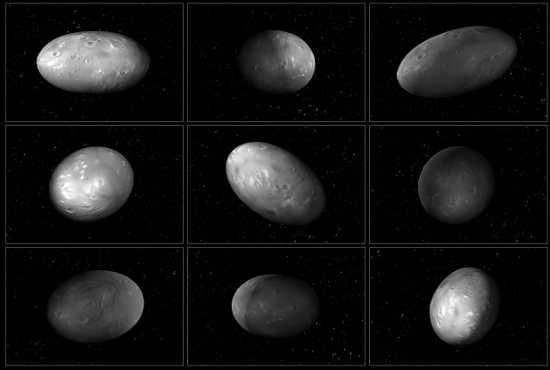 This set of illustrations of Pluto’s moon Nix shows how the orientation of the moon changes unpredictably as it orbits the Pluto-Charon system. This illustration is based on a computer simulation which calculated the chaotic movement of the four smaller moons in the Pluto-Charon system. Astronomers used this simulation to try and understand the unpredictable changes in reflected light from Nix as it orbits Pluto-Charon. They also found that Pluto’s moon Hydra undergoes a chaotic spin as well. The football-shape of both moons contributes to their wild motion. Credit: NASA, ESA, M. Showalter (SETI Inst.), G. Bacon (STScI). plutosmoons1