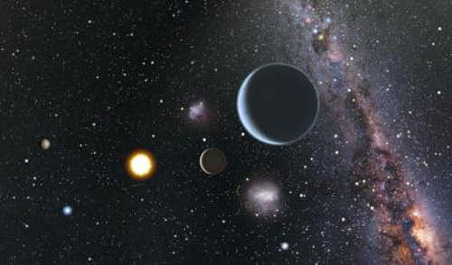 This is an artist's impression of a view from the HD 7924 planetary system looking back toward our sun, which would be easily visible to the naked eye. Since HD 7924 is in our northern sky, an observer looking back at the sun would see objects like the Southern Cross and the Magellanic Clouds close to our sun in their sky. Credit: Karen Teramura & BJ Fulton, University of Hawaii, Institute for Astronomy. roboticspacediscoveries