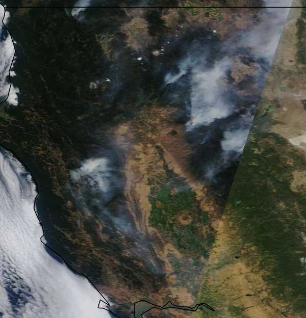 Satellite imagery shows the Pass Complex Fire north of Lake County and several other major wildland fires burning to the northeast. The Pass Complex is sending smoke into Lake County’s air basin. Image Courtesy of NASA/MODIS. 081912modisfiremap