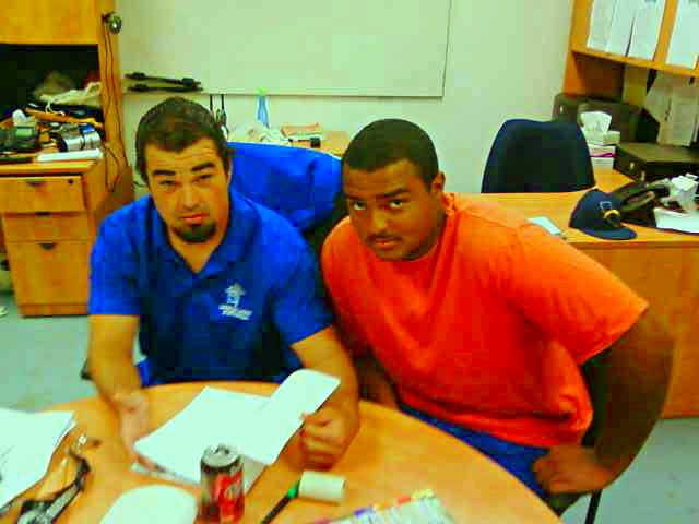 Lower Lake High School football Head Coach Mike Huffman, left, and sophomore Willie Isaacs, a 6-3, 292-pound lineman. Photo by Rich Mellott. 082012llfootballcoachandplayer