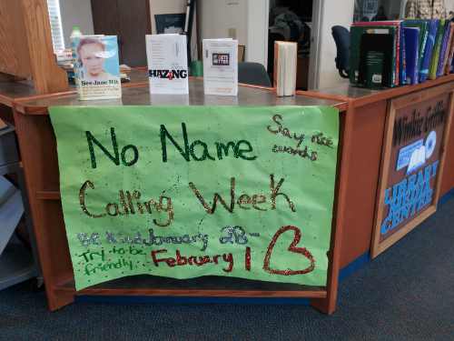 A “No Name-Calling Week” exhibit in the library at Lower Lake High School in Lower Lake, Calif., offers books on how to deal with bullying. Photo by Lacey Amaral. 012813nncwlibrary