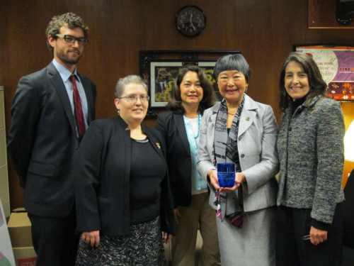 Assemblymember Mariko Yamada receives Clean Water Champion Award from CWA. Pictured from left to right: Andrew Grinberg, consultant; Jennifer Clary, policy analyst; Lori Chen, legislative consultant; Assemblymember Mariko Yamada; Andria Ventura, program manager. Courtesy photo. 012813yamadawateraward