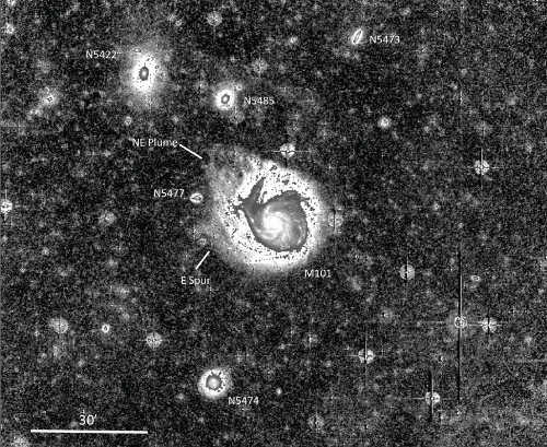 The M101 galaxy contains a faint dwarf galaxy and another possible young dwarf. Image courtesy of Case Western Reserve University casewesterndwarfgalaxy