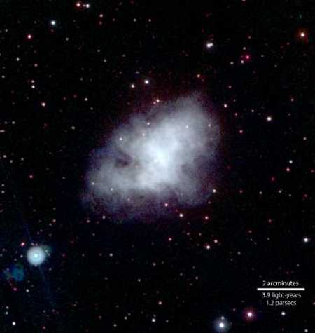 The Crab Nebula is the wreckage of an exploded star, or supernova, observed in the year 1054. The expanding cloud of gas is located 6,500 light-years away in the constellation Taurus. This composite of three Swift UVOT ultraviolet images highlights the luminous hot gas in the supernova remnant. The image is constructed from exposures using these filters: uvw1, centered at 2,600 angstroms (shown as red); uvm2, centered at 2,246 angstroms (green); and uvw2, centered at 1,928 angstroms (blue). Credit: NASA/Swift/E. Hoversten, PSU. crabnebulaswift
