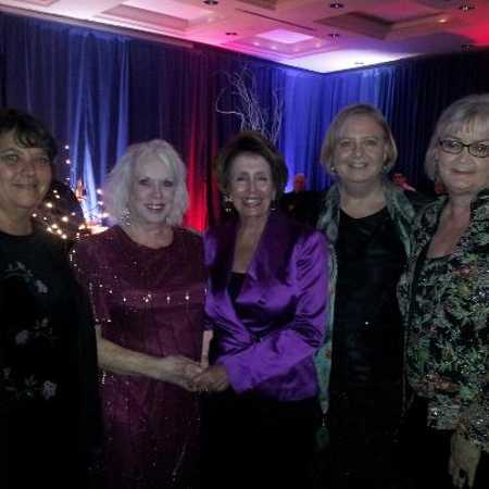From left, Deb Clarke, Wanda Harris, House Minority Leader Nancy Pelosi, Joy Swetnam and Judy Conard at the Democratic California Bash on Monday, January 21, 2013, in Washington, DC. Photo courtesy of Wanda Harris. inauguralgrouppelosi