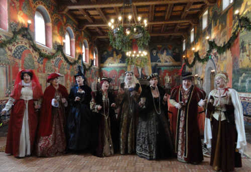 The My Divas in court costumes, from left to right, Susan Yeagan, Gail Albin, Laura Lamar, Claudia Listman, Barbara Clark, Laura Sammel, Stephanie Regula and Jo Fay. Courtesy photo. mydivascastello2