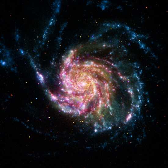 This image of the Pinwheel Galaxy, or also known as M101, combines data in the infrared, visible, ultraviolet and X-rays from four of NASA's space-based telescopes. Courtesy of NASA. pinwheelgalaxy