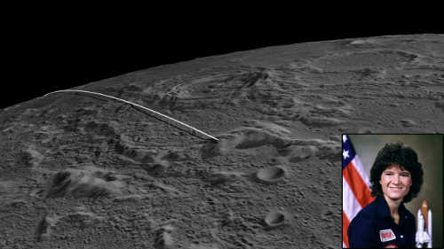 The final flight plan for NASA’s twin GRAIL spacecraft ends with an impact at a mountain near the lunar north pole. The impact site is named for America’s first woman in space, Dr. Sally Ride, whose education and public outreach program lead the GRAIL mission’s MoonKAM effort. Image credit: NASA/JPL-Caltech/GSFC/ASU /Sally Ride Science. sallyrideimpactiste