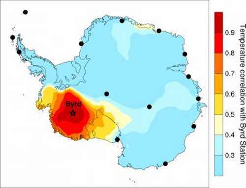 Researchers at Ohio State University and their colleagues have discovered that the central region of the West Antarctic Ice Sheet (WAIS) is experiencing twice as much warming as previously thought. Their analysis of the temperature record from Byrd Station (indicated by a star) sheds some light on temperature changes over a broad portion of the WAIS. This site provides the only long-term temperature observations in the region, far away from the permanent research stations with long-term temperature records (indicated by black circles) that are scattered around the continent -- making a case, the researchers say, for a more robust network of meteorological observations on the WAIS. On this map, the color intensity indicates areas around Antarctica that are likely experiencing comparable warming to Byrd Station. Image by Julien Nicolas, courtesy of Ohio State University. westantarticasheet