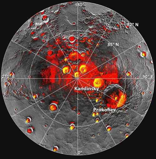 Mercury’s north pole. Red denotes areas that are in shadow in all images acquired by Messenger to date. (The mapping of shadows is still incomplete near the pole.) Yellow shows the locations of bright polar deposits imaged by Earth-based radar. Image Credit: NASA/Johns Hopkins University Applied Physics Laboratory/Carnegie Institution of Washington/National Astronomy and Ionosphere Center, Arecibo Observatory. 120112mercuryice
