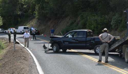 A stolen 2008 Toyota Tacoma pickup found down an embankment off the Hopland Grade in Lake County, Calif., on Tuesday, April 30, 2013, was the same vehicle being sought in connection to the fatal shooting of Forrest Seagrave, which occurred Friday, January 18, 2013, in Kelseyville, Calif. Photo by Diane Davis. 043013seagravetoyota