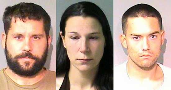 From left, Ryan Alan Balletto, 30, of Lakeport, Calif.; his girlfriend, Christa McConnell, 27, of Upper Lake, Calif.; and Patrick Steven Pearmain, 24, of Clearlake, Calif., were arrested on Wednesday, May 1, 2013, following service of search warrants by local law enforcement officials. Lake County Jail photos. 050113drugbustmugs