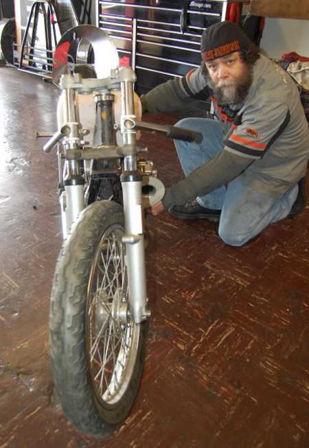 Tim Stenberg of Lakeport, Calif., is building a motorcycle that be believes will be capable of breaking a speed record in Utah in August 2013. Photo by John Lindblom. timstenberg2