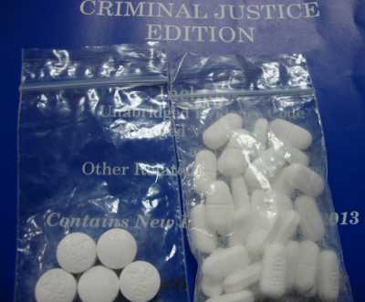 Thirty-three Hydrocodone pills and five Carisoprodol pills allegedly were found in the possession of April Lynn Blakley, 46, of Ukiah, Calif., on Friday, August 23, 2013. Photo courtesy of the Lake County Sheriff's Office. 082413prescriptiondrugs