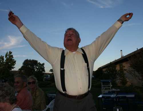 Randy Ridgel, shown here wearing his signature suspenders, had clout in Republican Party politics in Lake County, Calif., and at the state level through his membership in the party’s state board of directors. He died on Friday, July 26, 2013, at age 82. Photo courtesy of Ronnie Bogner. randyridgelcrawfish