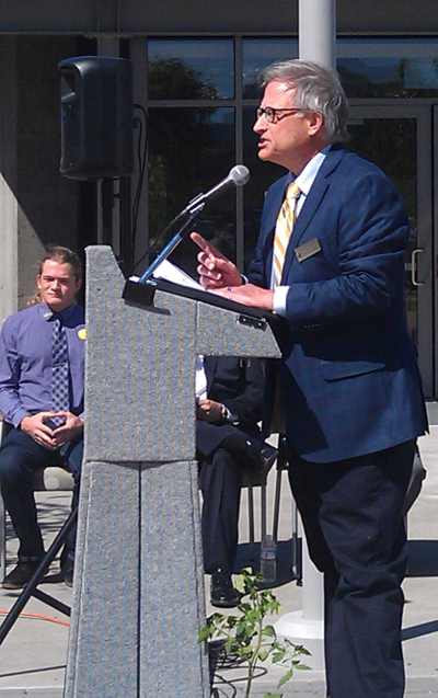 Mark Rawitsch speaking at the grand opening of the Mendocino College Lake Center in Lakeport, Calif., on Wednesday, May 1, 2013. Rawitsch was instrumental in seeing the campus project from its early plans through to its completion and opening this year. Photo by Elizabeth Larson. 050113rawitschmendoctr