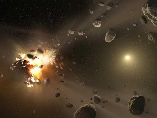 This artist's conception shows how families of asteroids are created. Over the history of our solar system, catastrophic collisions between asteroids located in the belt between Mars and Jupiter have formed families of objects on similar orbits around the sun. New data from NASA's NEOWISE project, based on observations made by the Wide-field Infrared Survey Explorer (WISE), have revealed the sizes and reflectivity of members of these asteroids families. The findings are helping scientists better understand how the families formed and evolved. Image credit: NASA/JPL-Caltech. asteroidbreaking