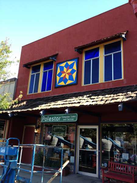 The “Pole Star” quilt block installed at Polestar Computers in Kelseyville, Calif. Courtesy of Lake County Quilt Trail. polestarquilttrail